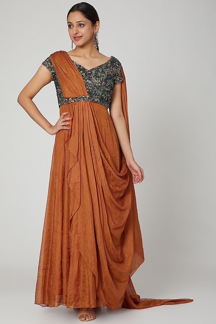 Orange Embellished Evening Dress by Abstract By Megha Jain Madaan at Pernia's Pop Up Shop