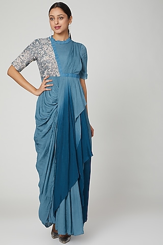 Blue Embellished Draped Dress by Abstract By Megha Jain Madaan