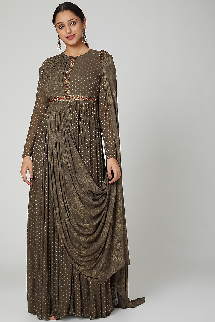 Brown Embellished Floor Length Gown by Abstract By Megha Jain Madaan