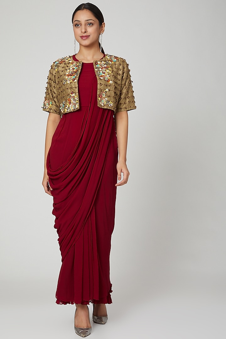 Maroon Cocktail Gown With Embellished Jacket by Abstract By Megha Jain Madaan at Pernia's Pop Up Shop