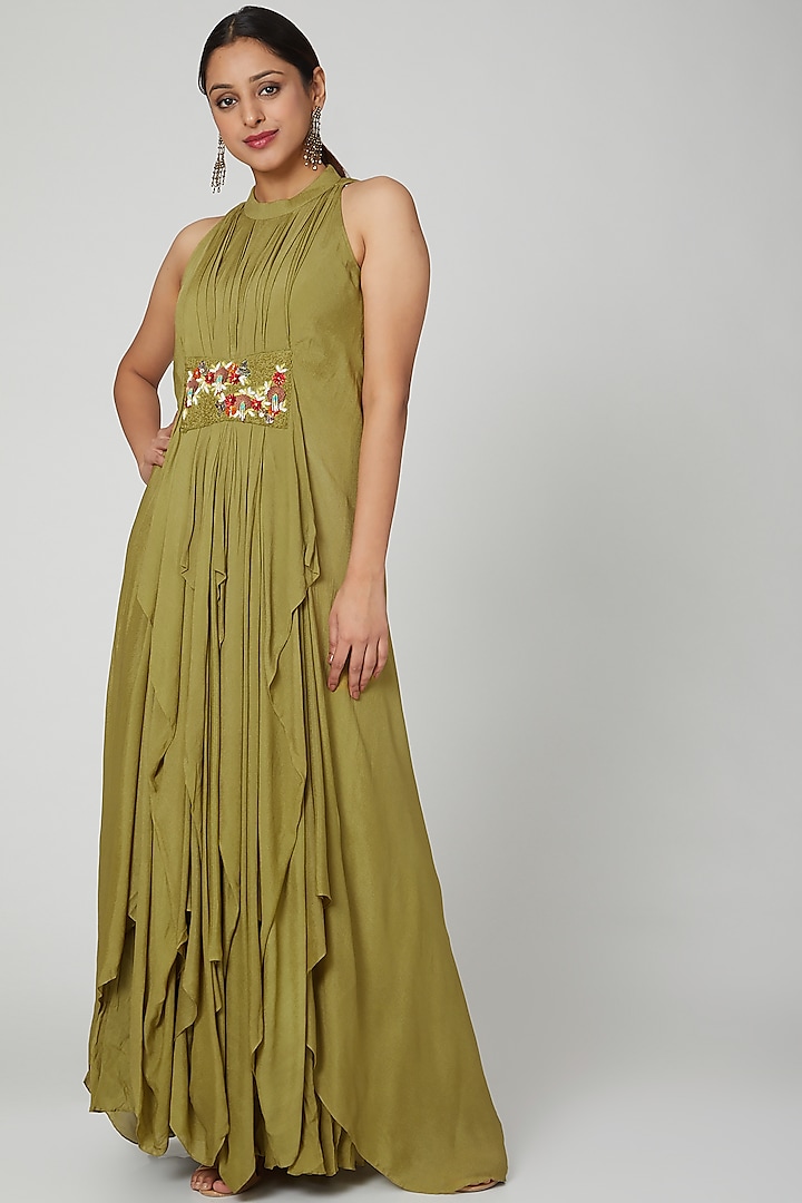 Light Green Embellished Draped Dress by Abstract By Megha Jain Madaan