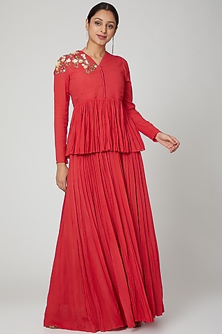 Coral Embellished Skirt Set by Abstract By Megha Jain Madaan