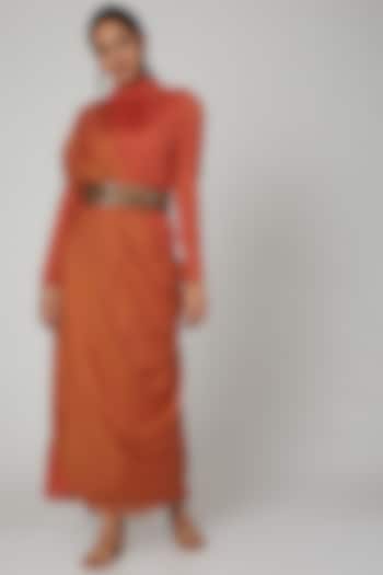 Coral Embellished Draped Cocktail Dress With Belt by Abstract By Megha Jain Madaan at Pernia's Pop Up Shop