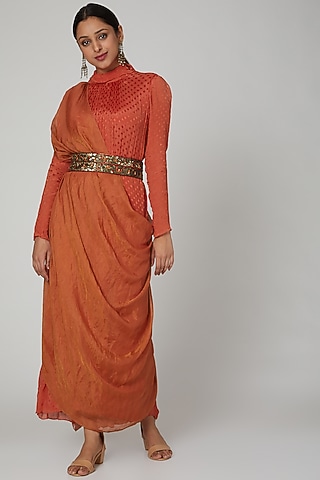Coral Embellished Draped Dress With Belt by Abstract By Megha Jain Madaan