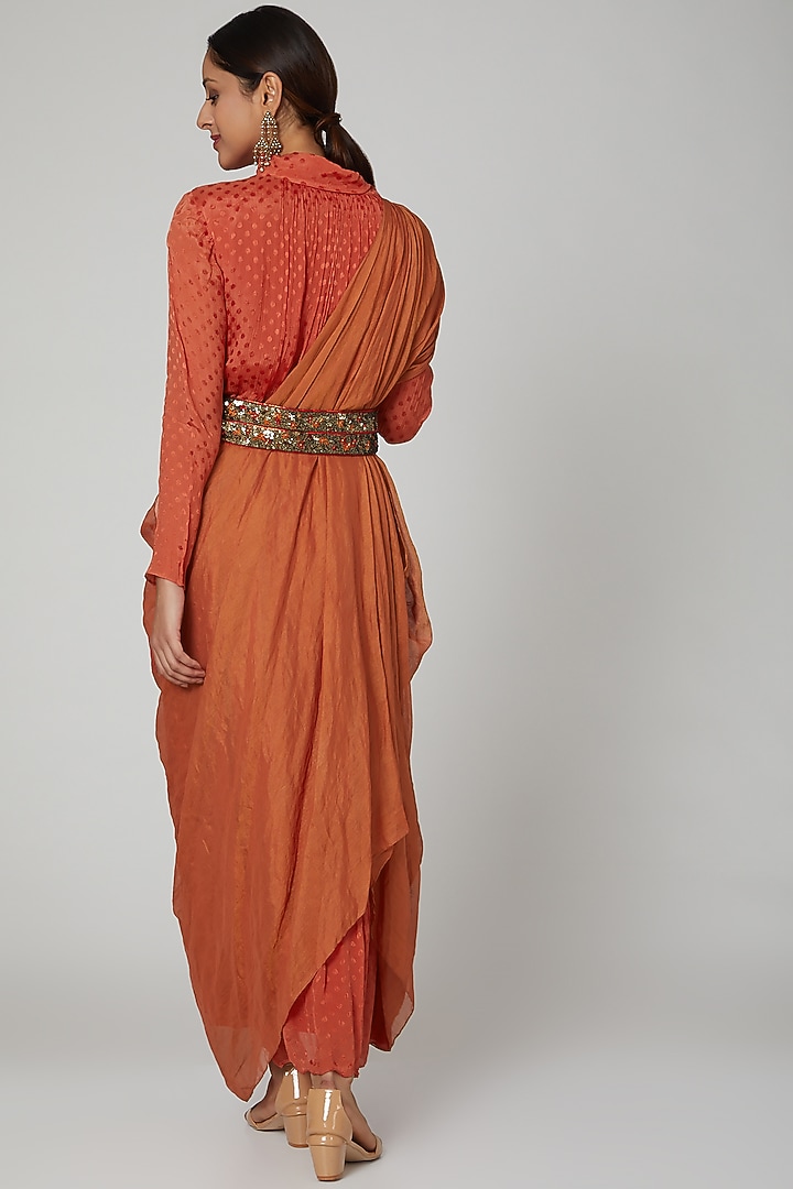 Coral Embellished Draped Cocktail Dress With Belt by Abstract By Megha Jain Madaan at Pernia's Pop Up Shop