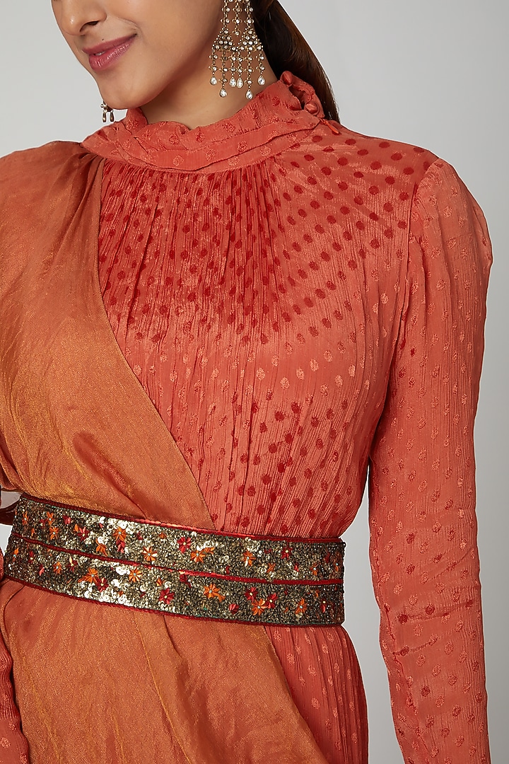 Coral Embellished Draped Cocktail Dress With Belt by Abstract By Megha Jain Madaan at Pernia's Pop Up Shop