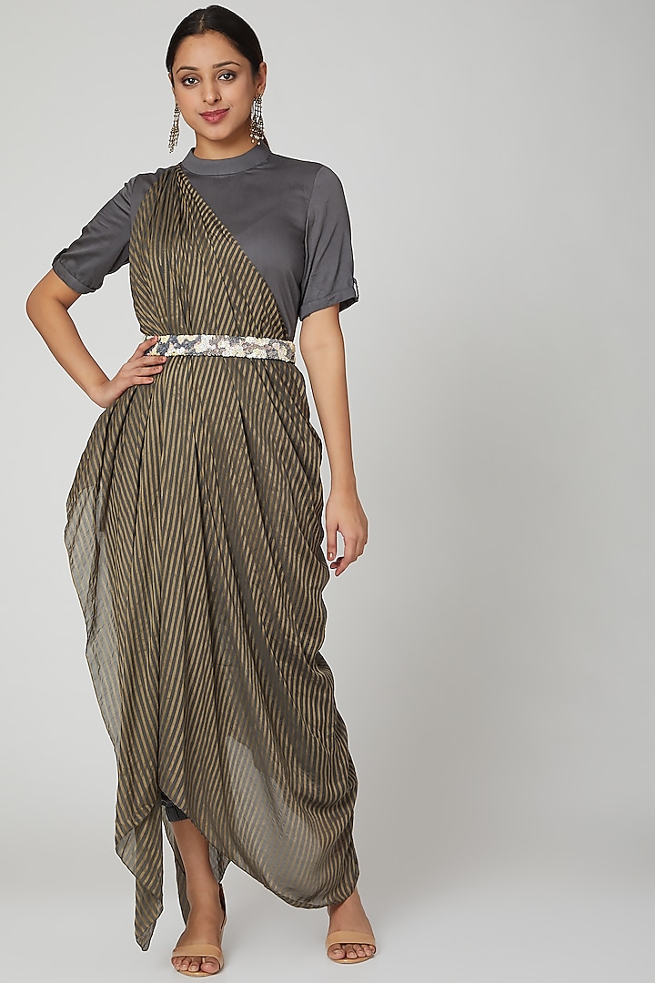 Grey Embellished Draped Jumpsuit With Belt by Abstract By Megha Jain Madaan
