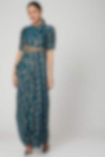 Cobalt Blue Embellished Draped Cocktail Dress by Abstract By Megha Jain Madaan at Pernia's Pop Up Shop