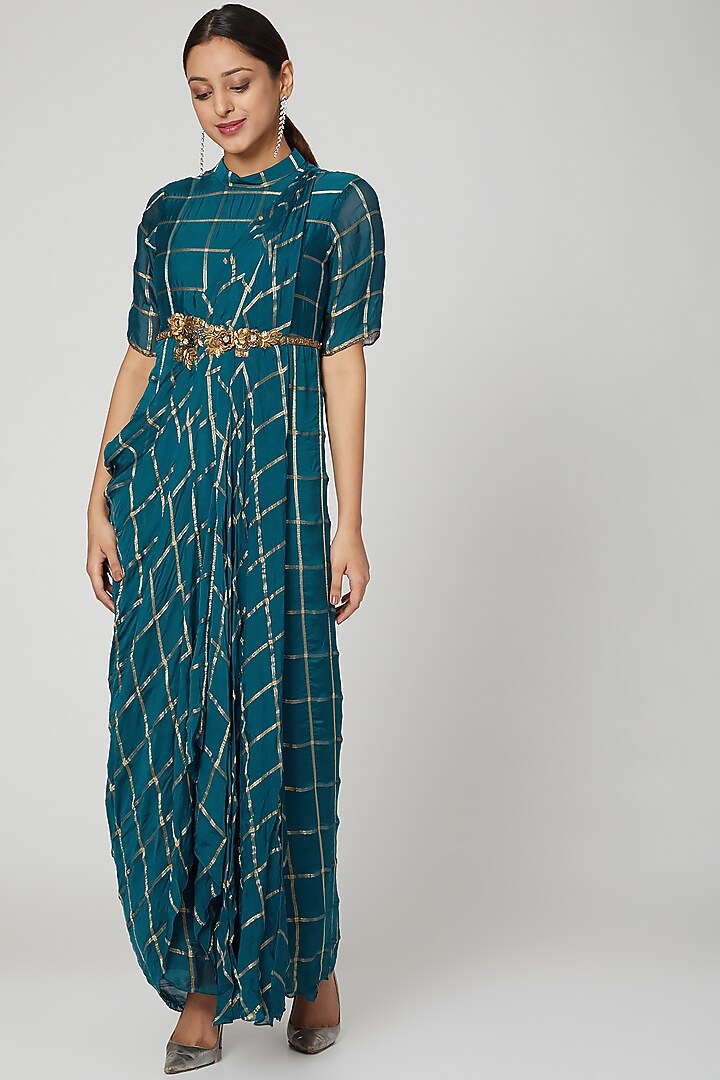 Cobalt Blue Embellished Draped Cocktail Dress by Abstract By Megha Jain Madaan at Pernia's Pop Up Shop