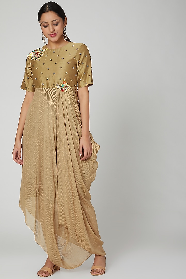 Beige Asymmetrical Embellished Dress by Abstract By Megha Jain Madaan