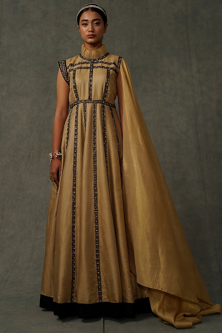 Beige Embellished Paneled Dress With Drape by Abstract by Megha Jain Madaan