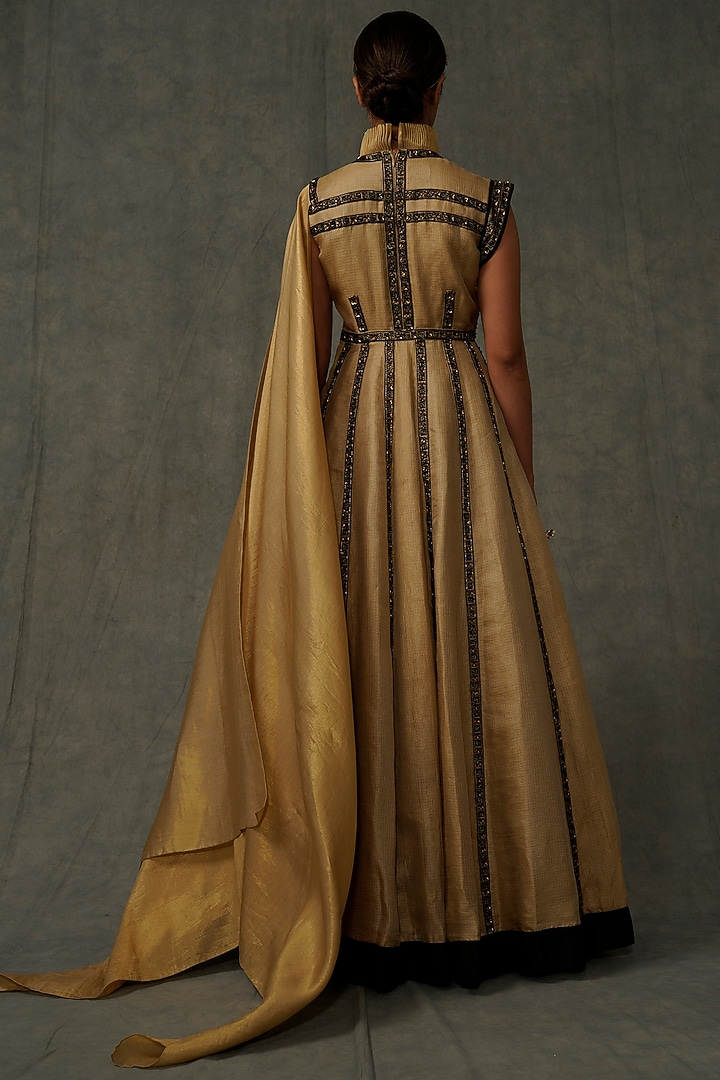 Beige Embellished Paneled Party Wear Dress With Drape by Abstract by Megha Jain Madaan at Pernia's Pop Up Shop