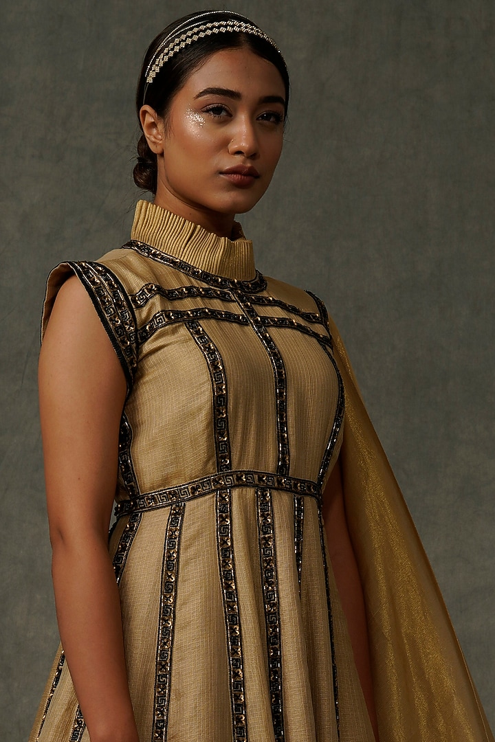 Beige Embellished Paneled Party Wear Dress With Drape by Abstract by Megha Jain Madaan at Pernia's Pop Up Shop