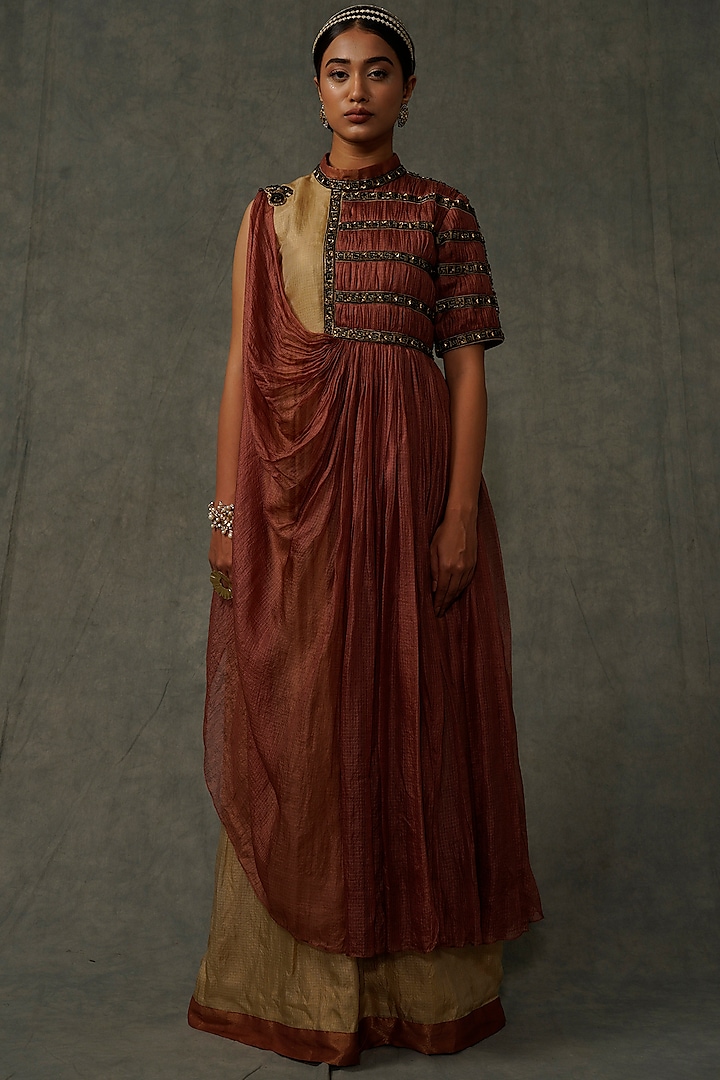Beige & Terracotta Embellished Flared Dress With Drape by Abstract by Megha Jain Madaan