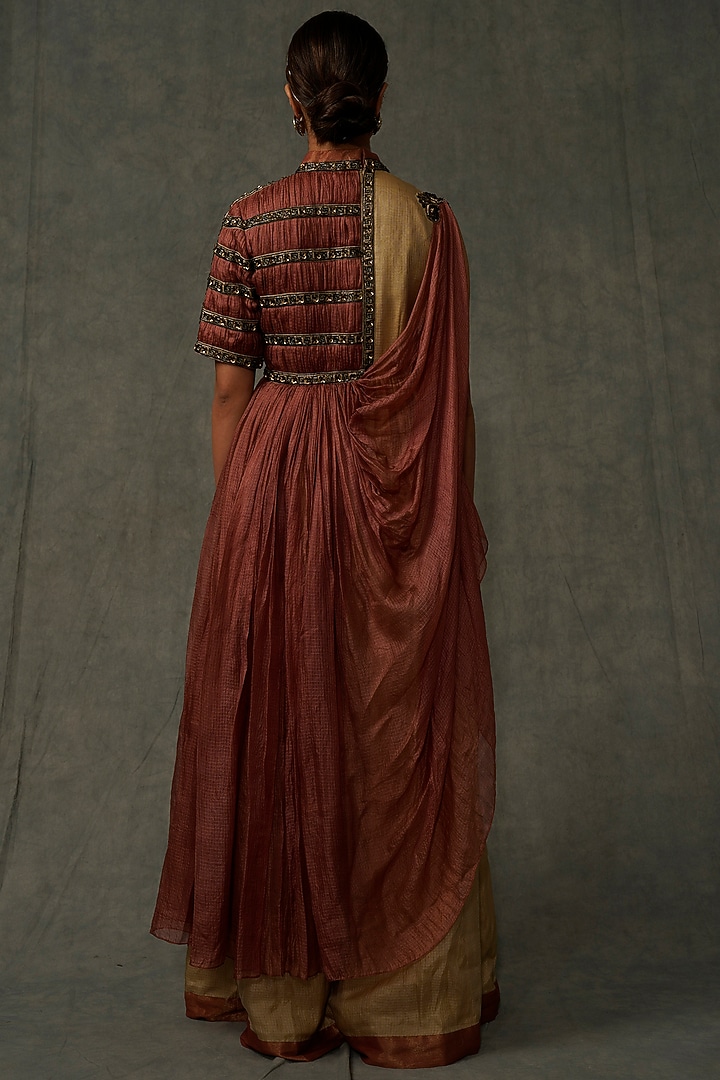 Beige & Terracotta Embellished Flared Cocktail Dress With Drape by Abstract by Megha Jain Madaan at Pernia's Pop Up Shop