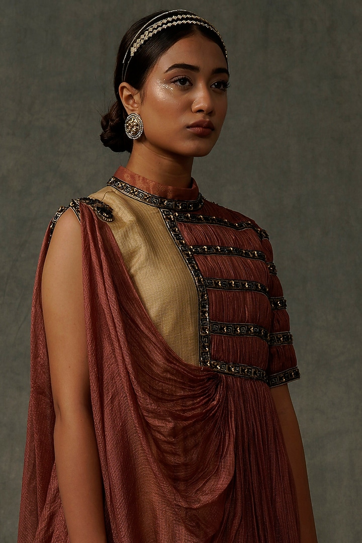 Beige & Terracotta Embellished Flared Cocktail Dress With Drape by Abstract by Megha Jain Madaan at Pernia's Pop Up Shop