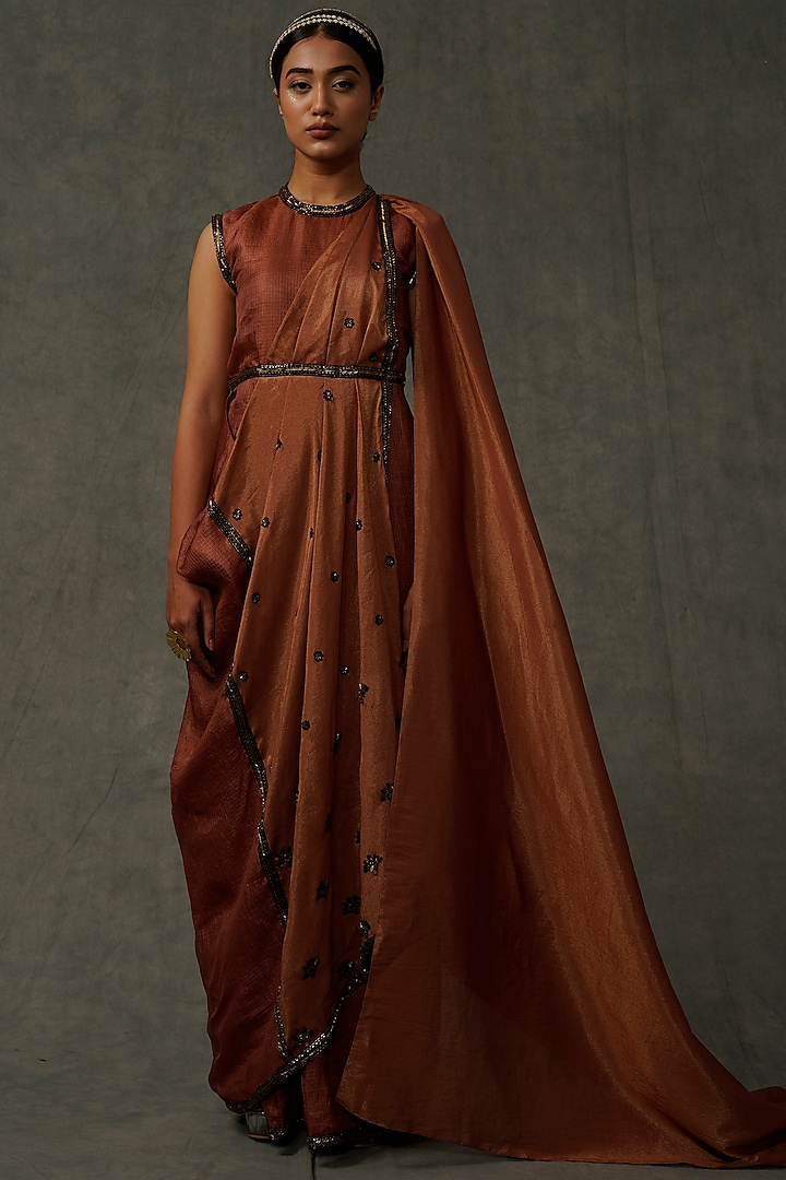 Terracotta Embellished Dress With Drape by Abstract by Megha Jain Madaan