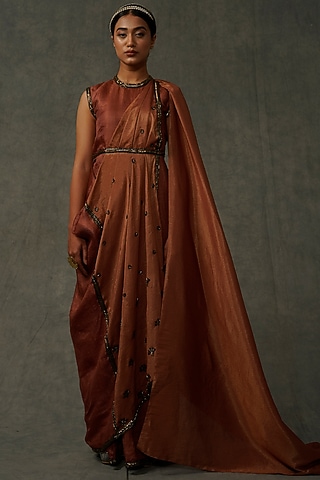 Terracotta Embellished Dress With Drape by Abstract by Megha Jain Madaan