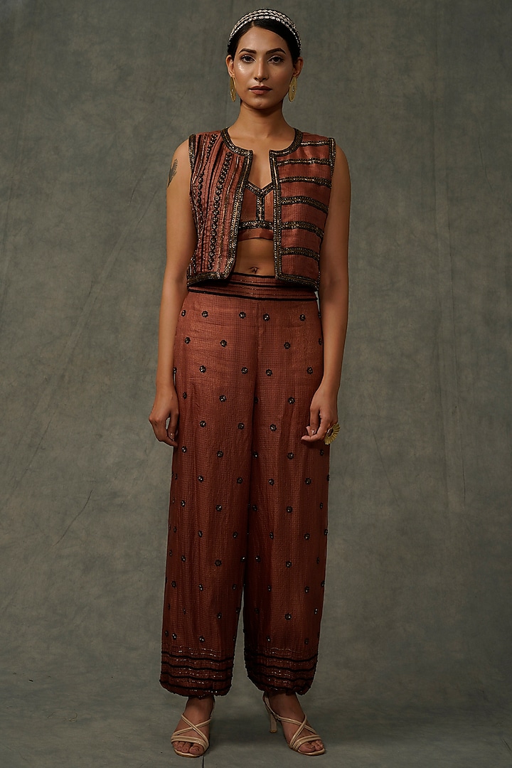 Terracotta Embellished Jacket Set by Abstract by Megha Jain Madaan
