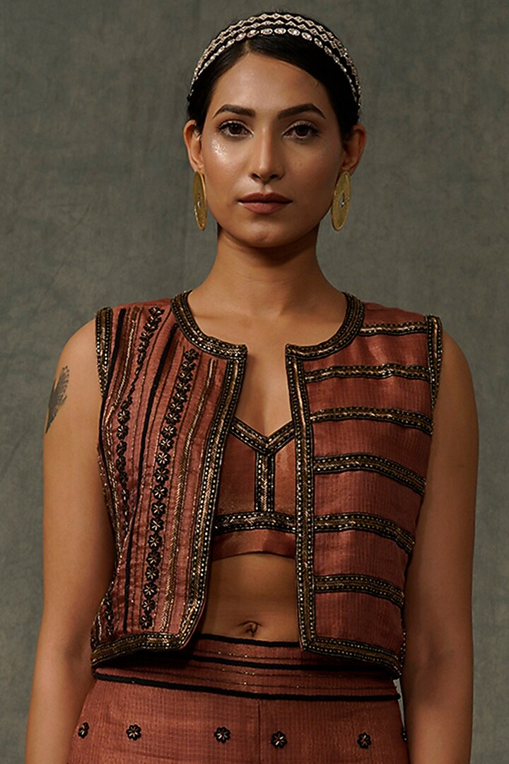 Terracotta Embellished Jacket Set by Abstract by Megha Jain Madaan at Pernia's Pop Up Shop