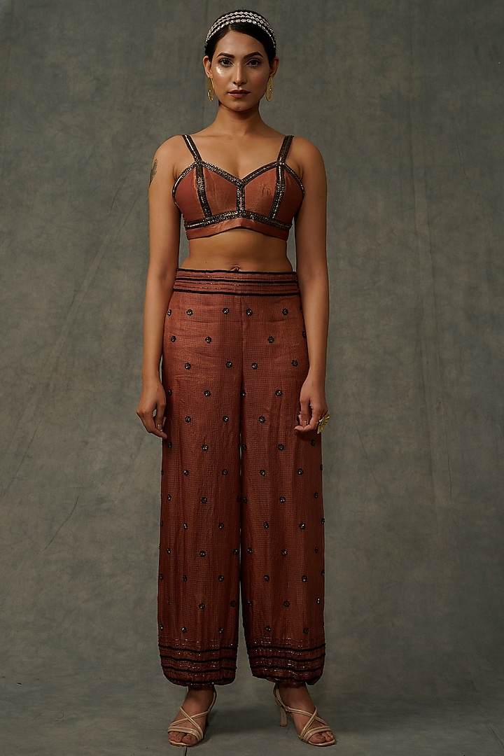 Terracotta Embroidered Pants by Abstract by Megha Jain Madaan