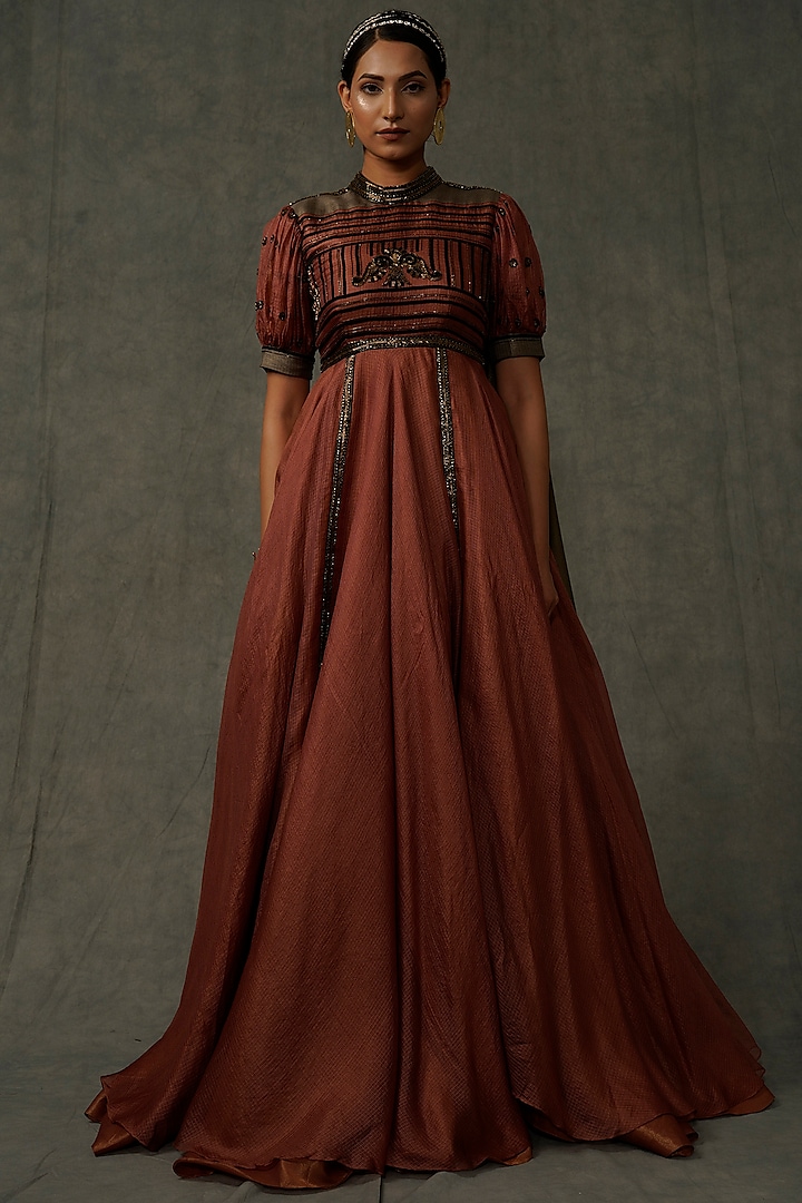 Terracotta & Light Olive Embellished Asymmetrical Dress by Abstract by Megha Jain Madaan