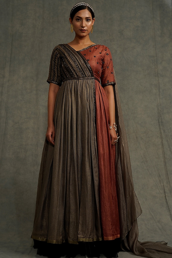 Terracotta & Light Olive Embroidered Flared Dress by Abstract by Megha Jain Madaan