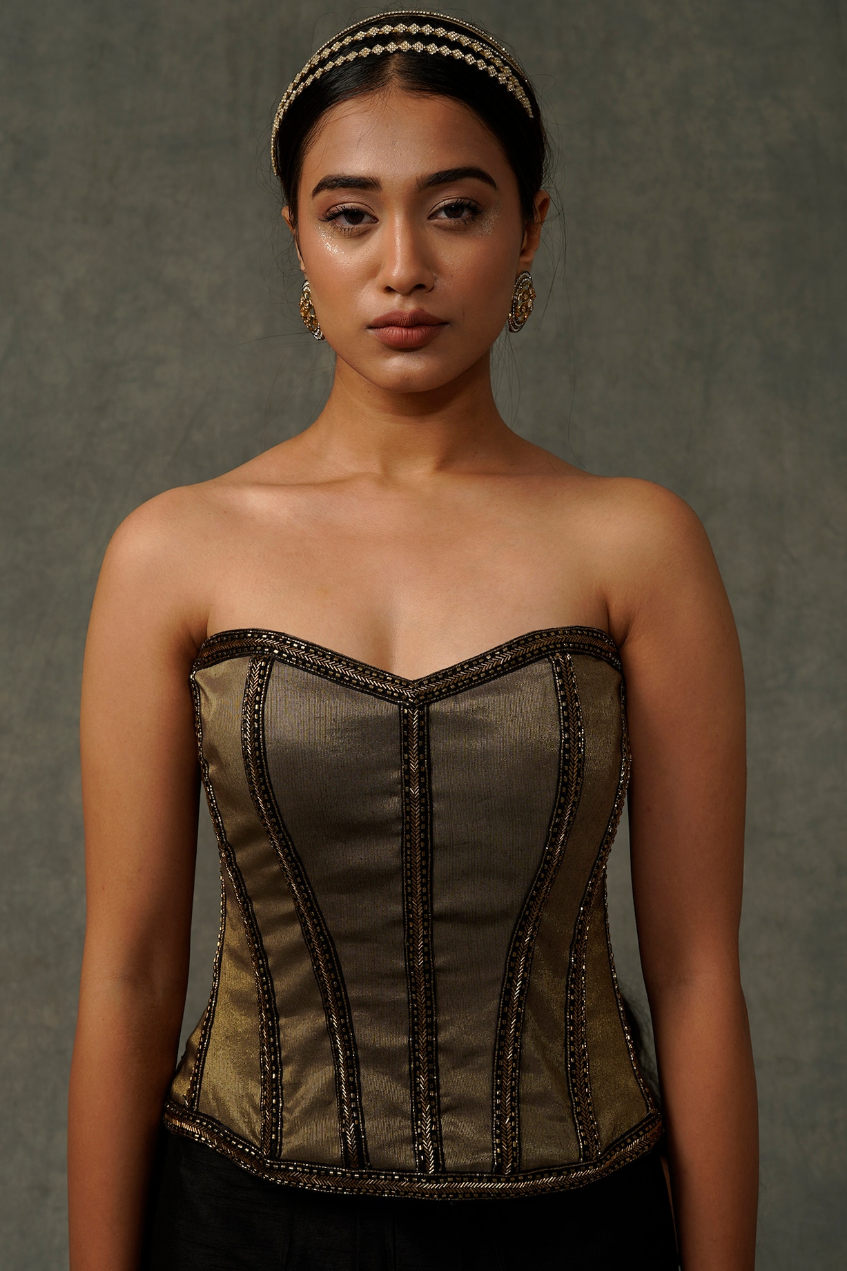 Light Olive Hand Embellished Corset Design by Abstract by Megha Jain Madaan  at Pernia's Pop Up Shop 2024