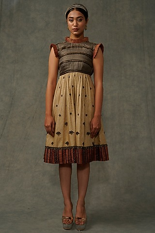 Beige & Light Olive Embellished Flared Dress by Abstract by Megha Jain Madaan