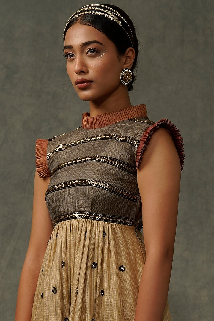 Beige & Light Olive Embellished Flared Cocktail Dress by Abstract by Megha Jain Madaan at Pernia's Pop Up Shop