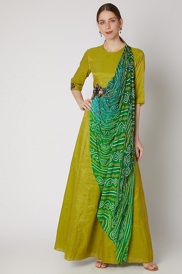 Green Embroidered Draped Maxi Dress by Abstract by Megha Jain Madaan