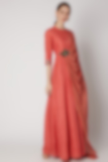 Coral Embroidered Draped Maxi Dress by Abstract by Megha Jain Madaan