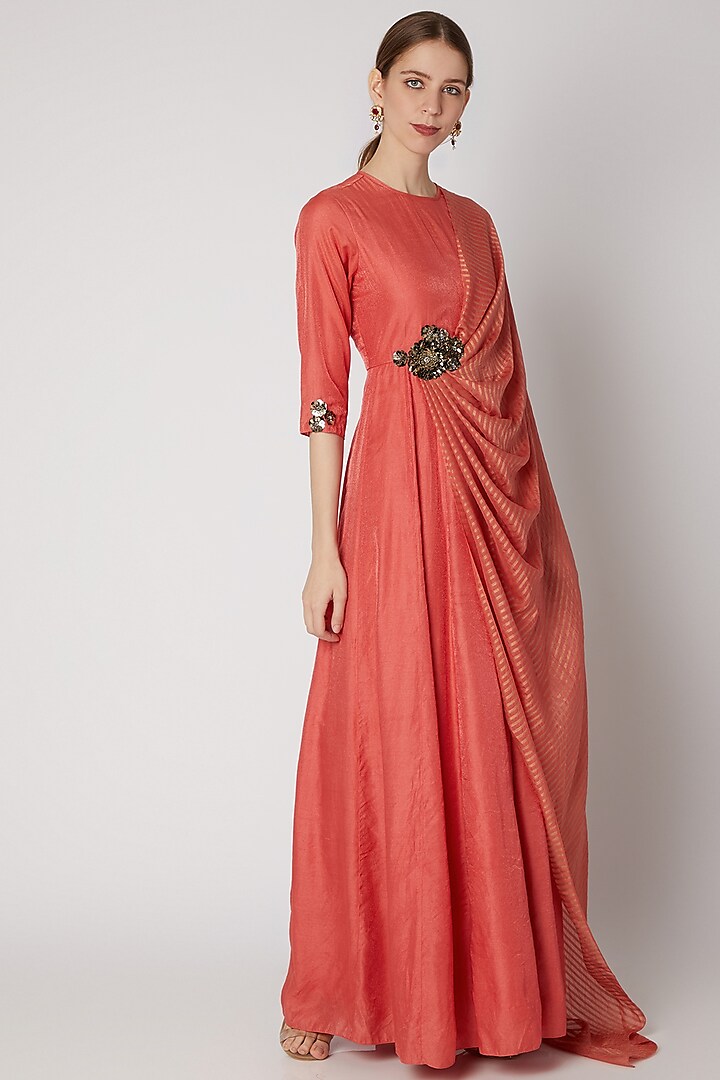 Coral Embroidered Draped Maxi Dress by Abstract by Megha Jain Madaan