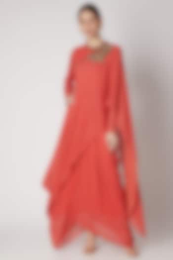 Coral Embroidered Draped Dress by Abstract by Megha Jain Madaan
