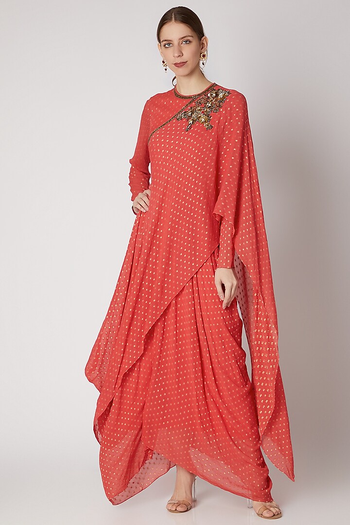 Coral Embroidered Draped Dress by Abstract by Megha Jain Madaan