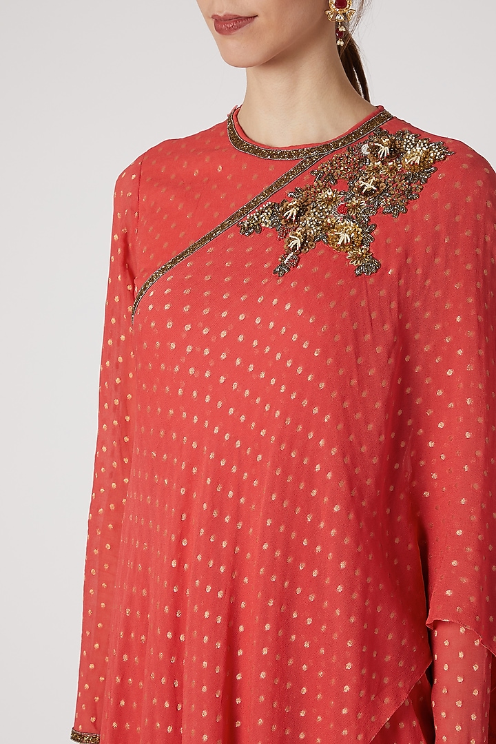Coral Embroidered Draped Cocktail Dress by Abstract by Megha Jain Madaan at Pernia's Pop Up Shop