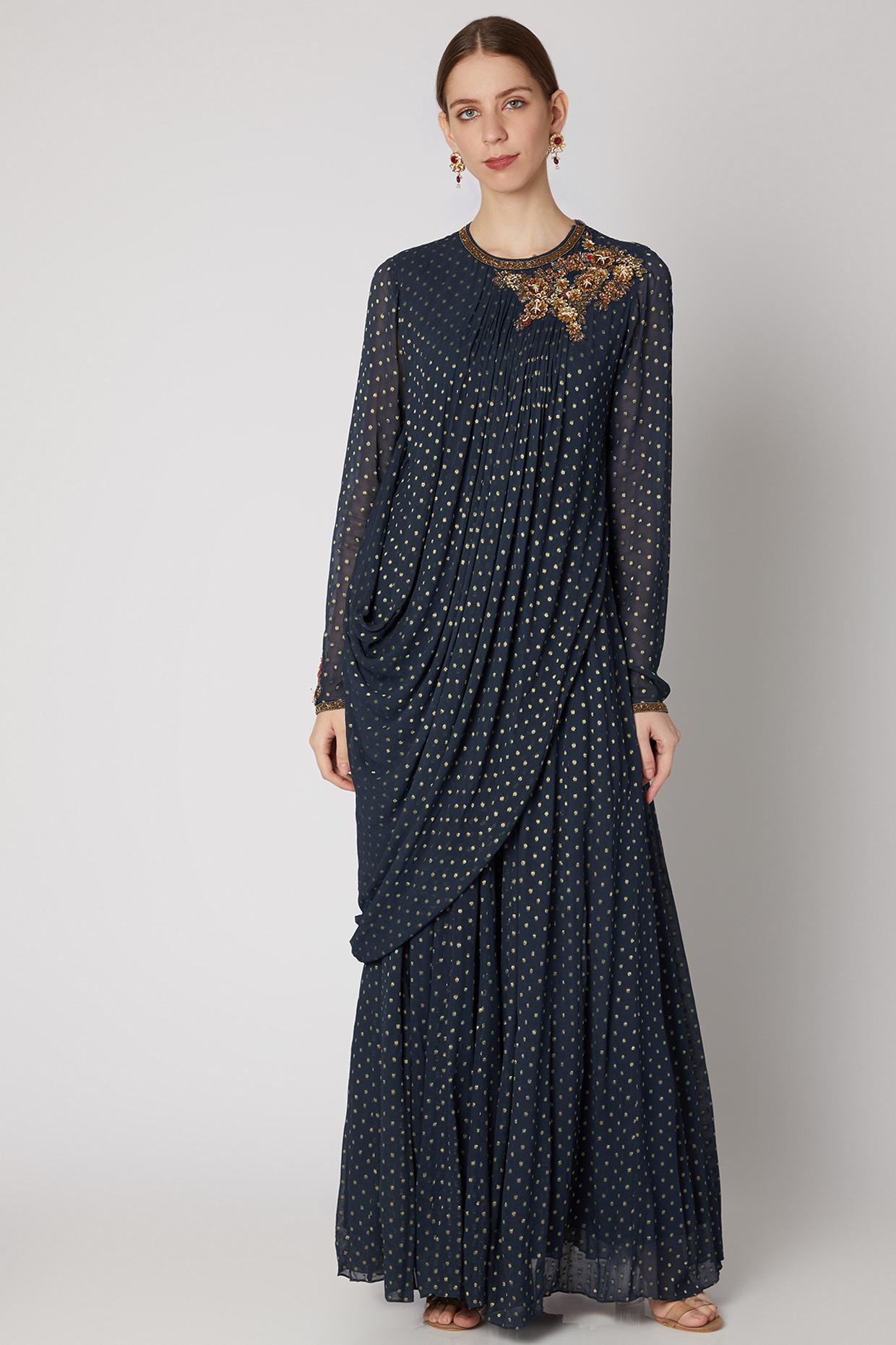 Dark Blue Embroidered Draped Maxi Dress by Abstract by Megha Jain Madaan