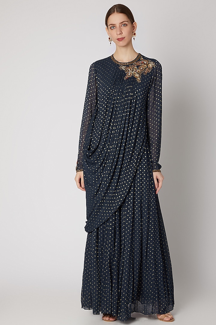 Dark Blue Embroidered Draped Maxi Dress by Abstract by Megha Jain Madaan