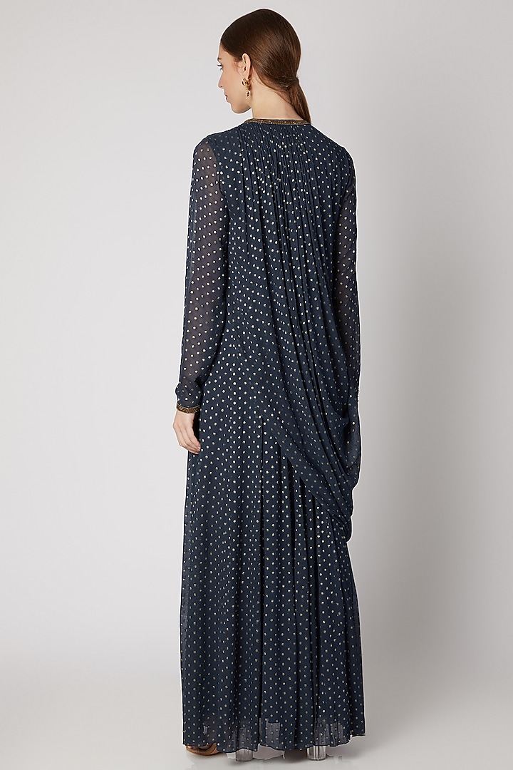 Dark Blue Embroidered Draped Maxi Cocktail Dress by Abstract by Megha Jain Madaan at Pernia's Pop Up Shop