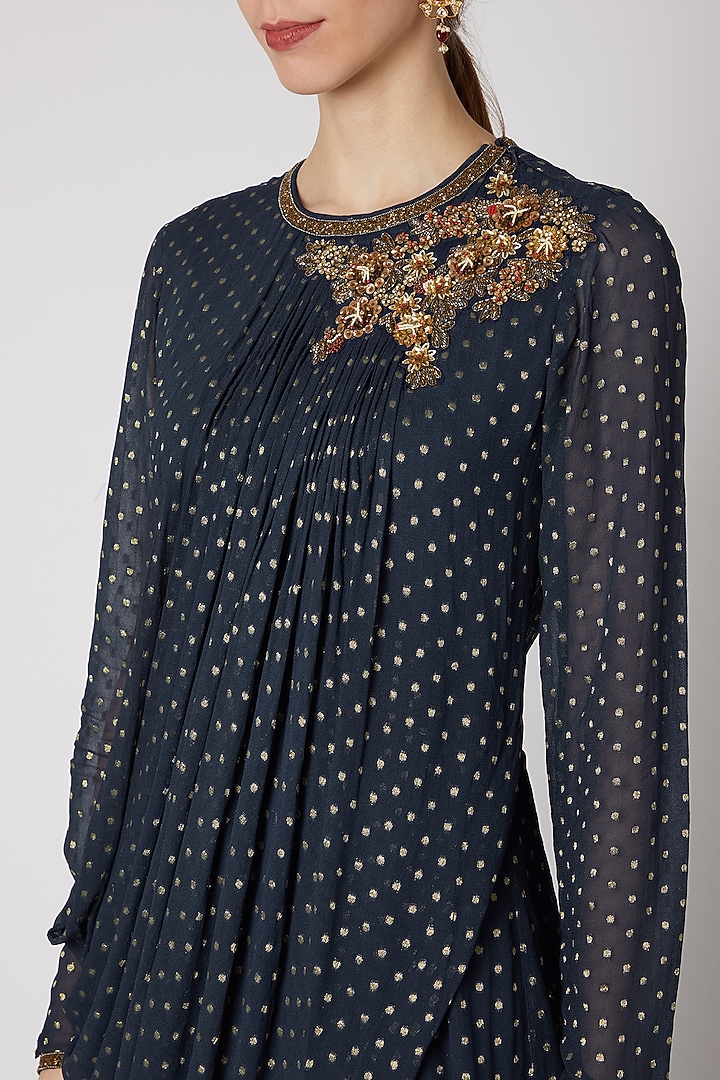 Dark Blue Embroidered Draped Maxi Cocktail Dress by Abstract by Megha Jain Madaan at Pernia's Pop Up Shop