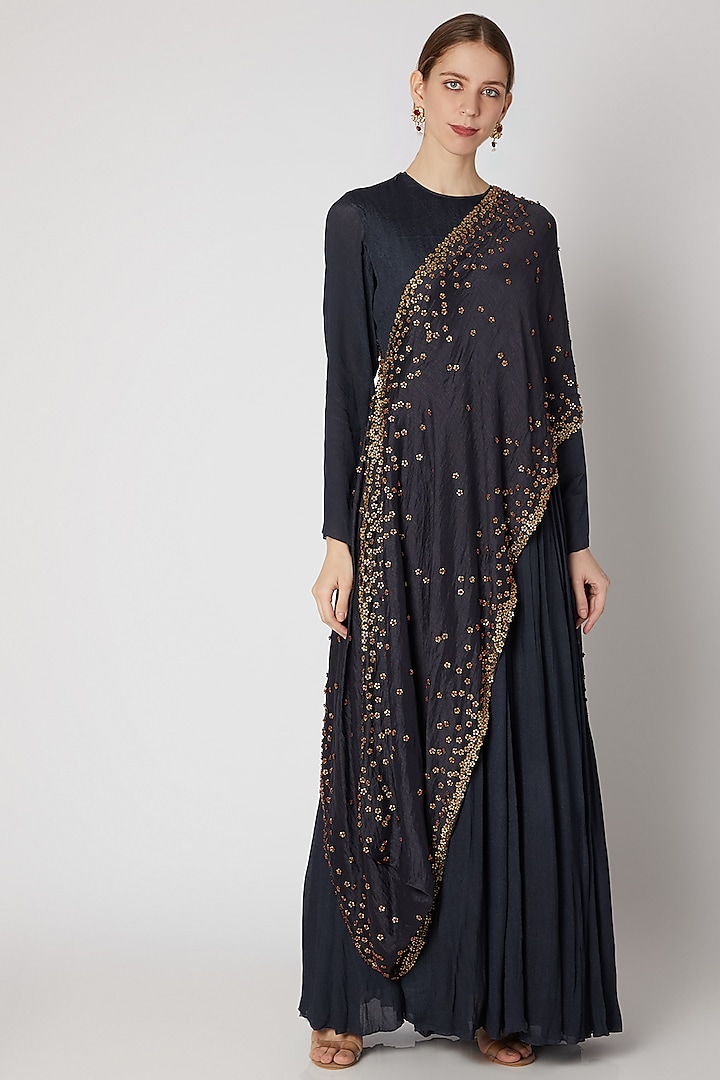 Midnight Blue Embroidered Draped Dress by Abstract by Megha Jain Madaan