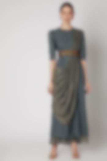 Grey Embroidered Draped Dress With Belt by Abstract by Megha Jain Madaan