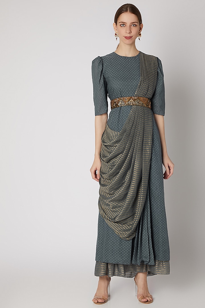 Grey Embroidered Draped Dress With Belt by Abstract by Megha Jain Madaan