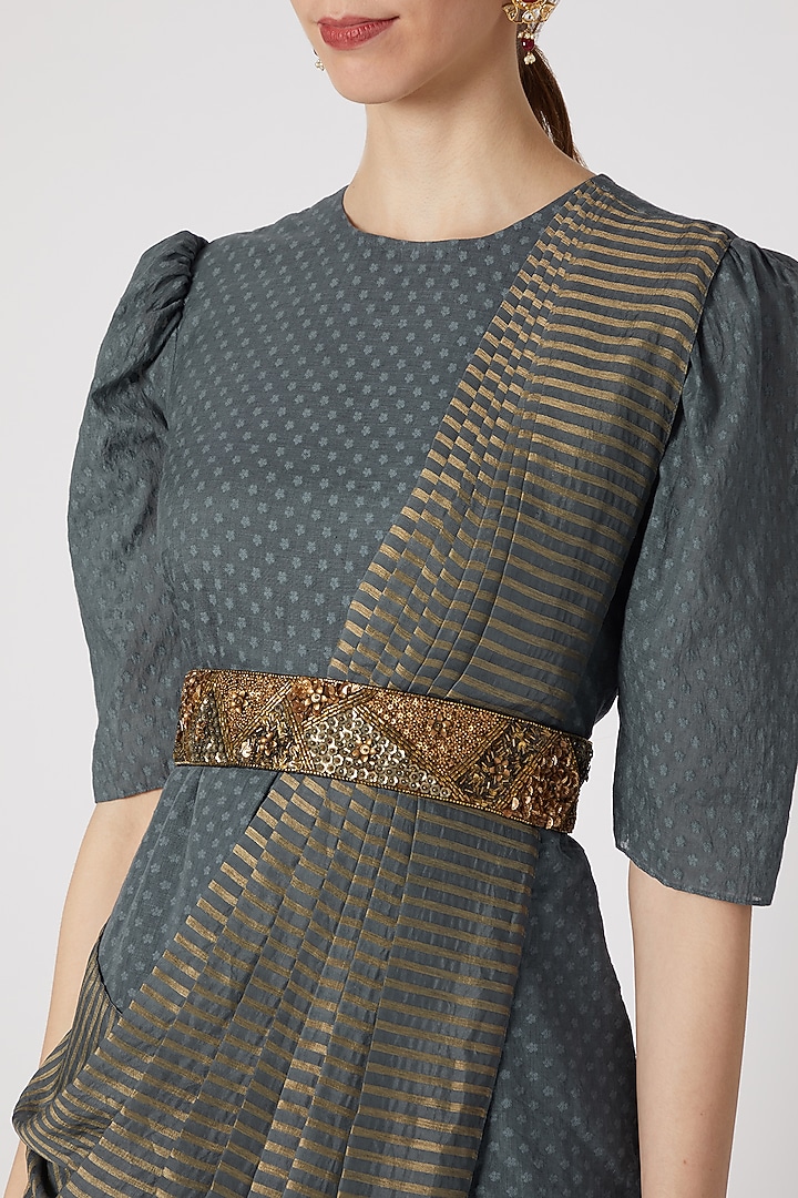 Grey Embroidered Draped Cocktail Dress With Belt by Abstract by Megha Jain Madaan at Pernia's Pop Up Shop