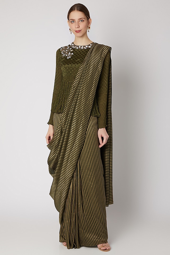 Olive Green Embroidered Pre-stitched Saree Set by Abstract by Megha Jain Madaan