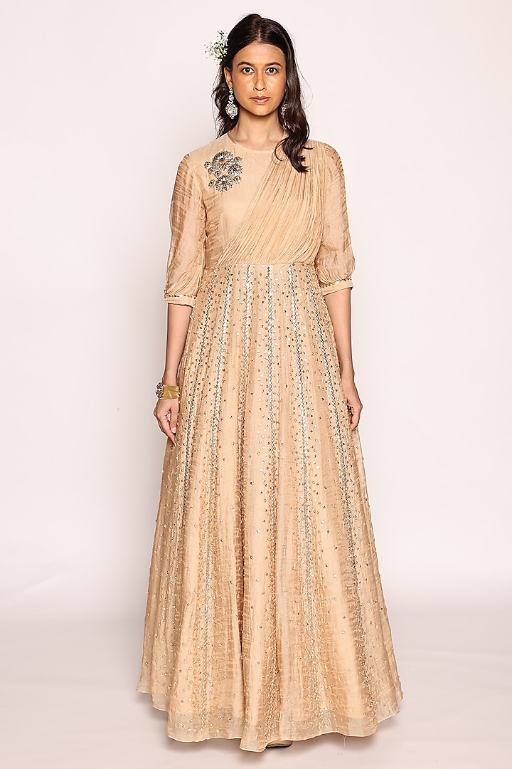 Beige Tissue Embellished Panelled Maxi Dress by Abstract By Megha Jain Madaan at Pernia's Pop Up Shop