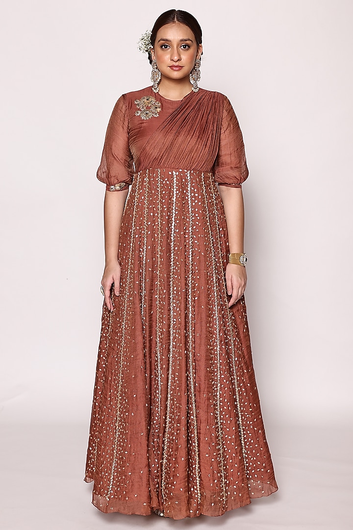 Brown Tissue Embellished Panelled Maxi Dress by Abstract By Megha Jain Madaan at Pernia's Pop Up Shop