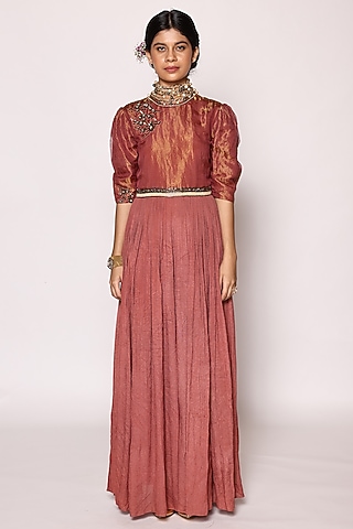Rusty Red Kota Silk Zari & Chinon 3D Floral Embroidered Jumpsuit by Abstract By Megha Jain Madaan