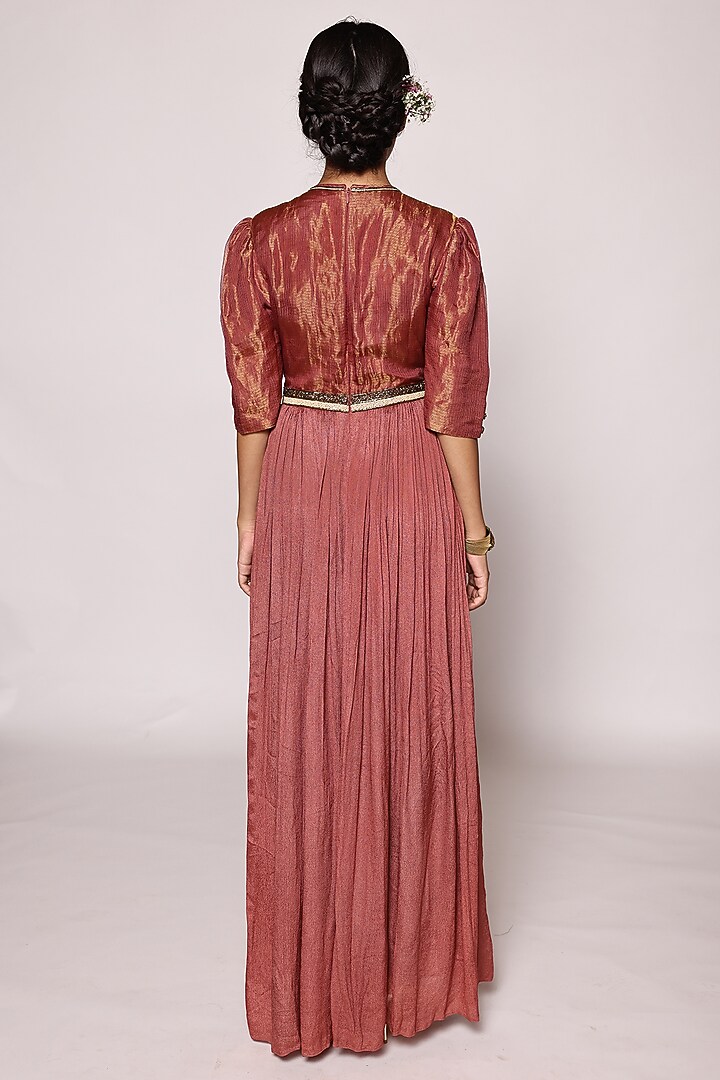 Rusty Red Kota Silk Zari & Chinon 3D Floral Embroidered Jumpsuit by Abstract By Megha Jain Madaan at Pernia's Pop Up Shop
