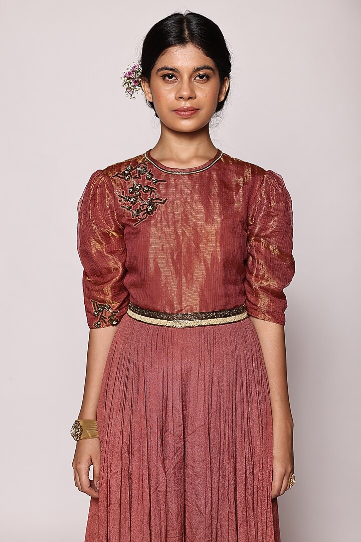 Rusty Red Kota Silk Zari & Chinon 3D Floral Embroidered Jumpsuit by Abstract By Megha Jain Madaan at Pernia's Pop Up Shop
